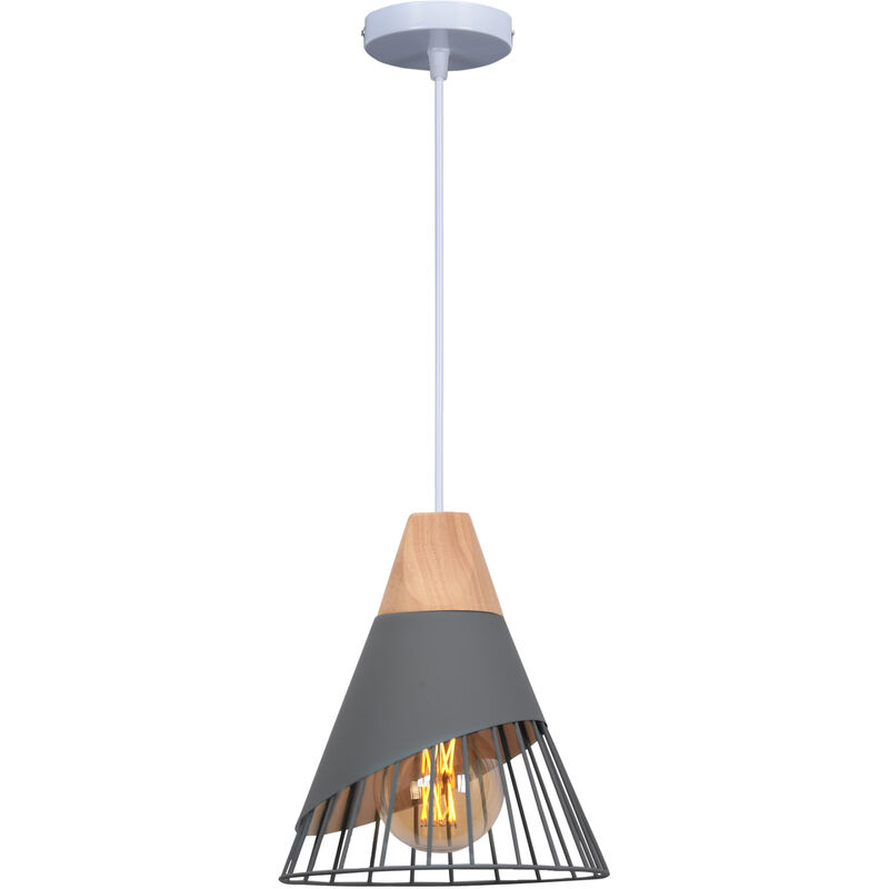 Image of Axhup - Lampadario a Sospensione, Vintage Lampada da Soffitto con Paralume in Legno e Metallo, Illuminazione di Form a Badminton per Cucina