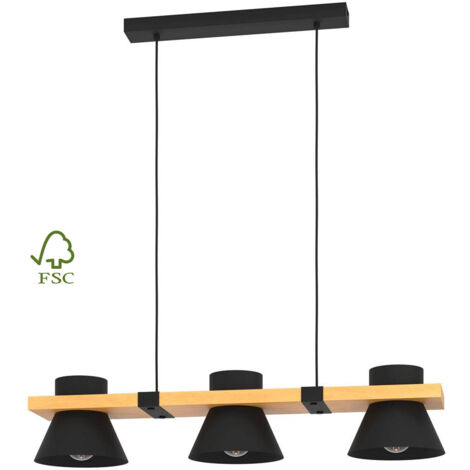 Lampadario A Sospensione Vintage Maccles Acciaio Nero Legno 3 Luci E27