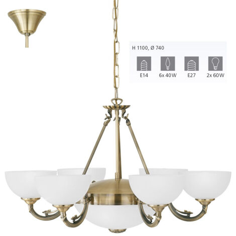 Lampadario A Sospensione Vintage Savoy Metallo Brunito Vetro 6 Luci E14