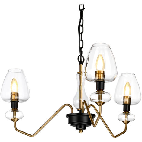 Lampadario Armand Acciaio Ottone Antico Nero Carbone Vetro Nero 3 Luci E14