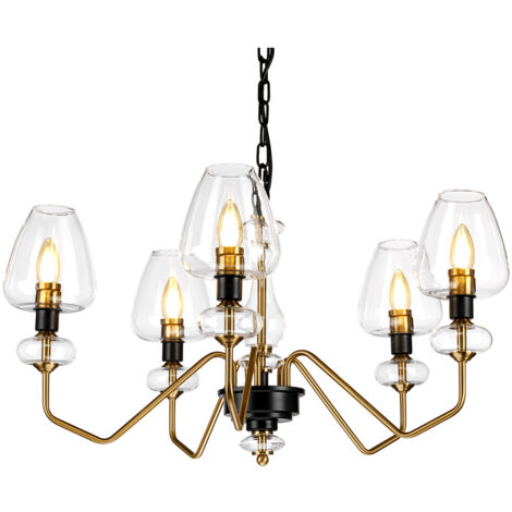 Lampadario Armand Acciaio Ottone Antico Nero Carbone Vetro Nero 5 Luci E14