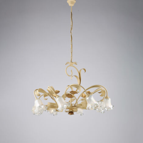 Lampadario Arte Povera Cesto Metallo Avorio E Oro 8 Luci E14