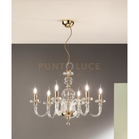 LAMPADARIO BACH 6 LUCI CRISTALLO E FINITURA ORO ATTACCO E14
