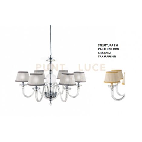 LAMPADARIO BACH 6 LUCI CRISTALLO E FINITURA ORO ATTACCO E14 CON PARALUMI