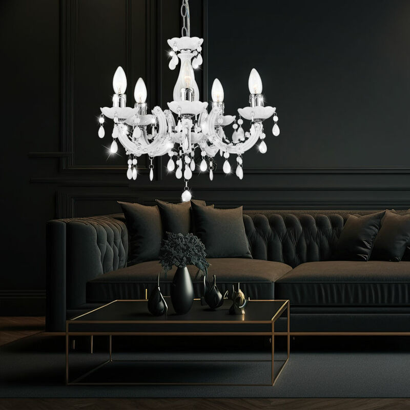 Image of Lampadario bianco lampada da soggiorno plafoniera classica lampada design lampadario in cristallo acrilico, metallo, attacco 5x E14, DxH 44x128 cm