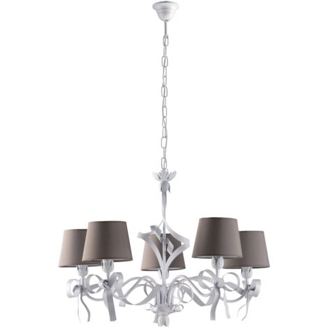 Lampadario Bianco Shabby Con Paralumi Bianchi 5 Luci Lucy