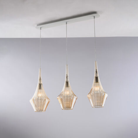 Lampadario Binario Moderno Zeus Metallo Bianco Vetro Ambra 3 Luci E27