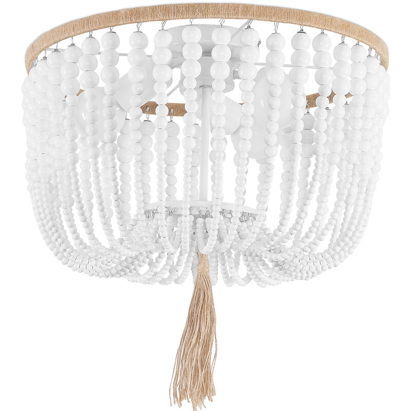 Image of Lampada a soffitto con palle di legno - Plafoniera in stile Boho Bali - Kanda Bianco - Corda, Metallo, Legno - Bianco