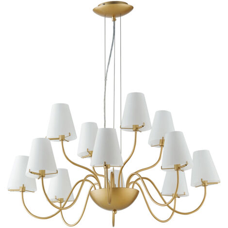 "Lampadario CANTO in metallo oro con dodici diffusori in vetro bianco"