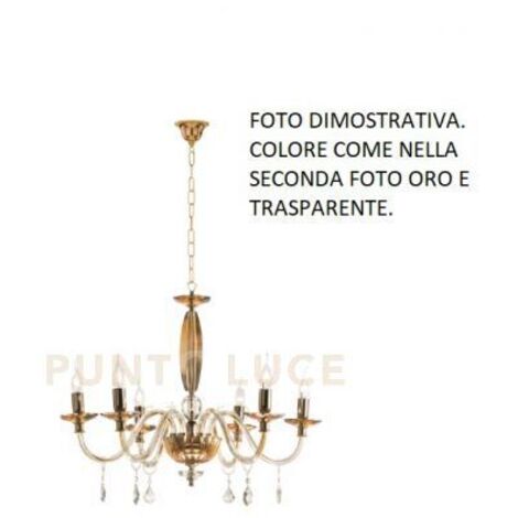 LAMPADARIO CECILIA 6 LUCI VETRO E CRISTALLO ORO E TRASPARENTE ATTACCO E14 D.60CM