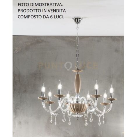 LAMPADARIO CECILIA 6 LUCI VETRO E CRISTALLO TORTORA E TRASPARENTE ATTACCO E14 D.60CM