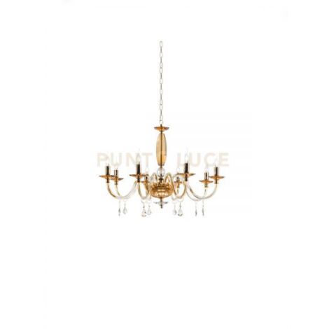 LAMPADARIO CECILIA 8 LUCI VETRO E CRISTALLO AMBRA E TRASPARENTE ATTACCO E14 D.85CM
