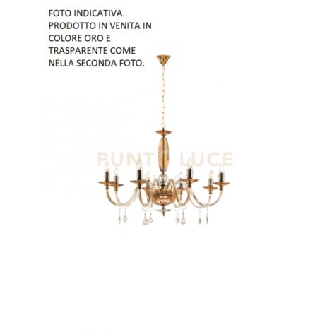 LAMPADARIO CECILIA 8 LUCI VETRO E CRISTALLO ORO E TRASPARENTE ATTACCO E14 D.85CM