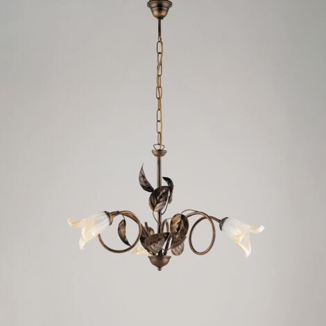 Lampadario Classico 3 Luci Con Foglie Ferro Battuto E Vetro Bronzo Serie Limone