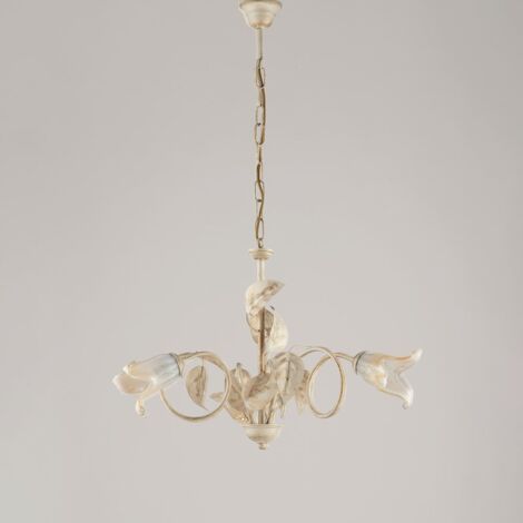 BONETTI ILLUMINA Lampadario Classico 3Luci Foglie In Ferro Battuto Vetro Avorio Oro Serie Limone