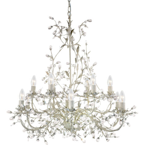 Lampadario Classico Almandita Acciaio Bianco Vetro Oro 12 Luci E14