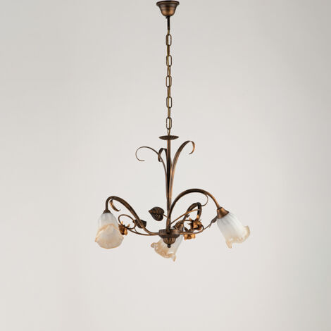Lampadario Classico Arte Povera 3 Luci Ferro Battuto Marrone E Oro Serie Cestino
