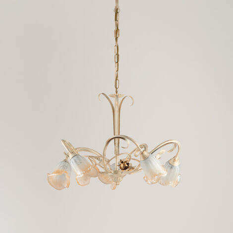 Lampadario Classico Arte Povera 5 Luci Ferro Battuto Avorio E Oro Serie Cestino