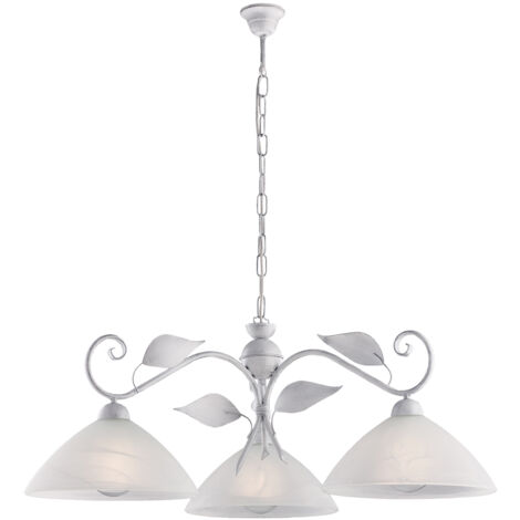 Lampadario Classico Esse 3 Luci Ferro Battuto E Vetro Bianco E Argento