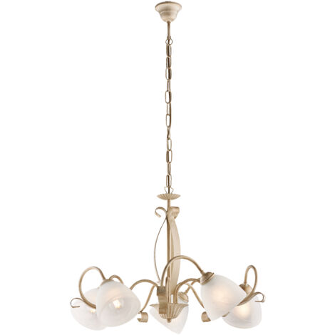 Lampadario Classico Forgiato 5 Luci Ferro Avorio E Oro Vetro Bianco