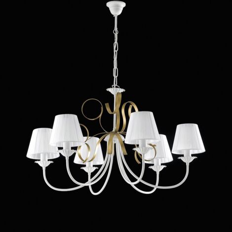 Lampadario classico in ferro Bianco shabby Oro paralumi sei luci 83x h50 cm