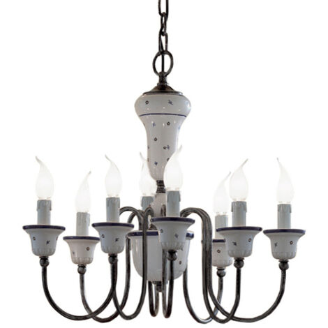 Lampadario Classico Sanremo Metallo E Ceramica Bianco Filo Blu 8 Luce E14