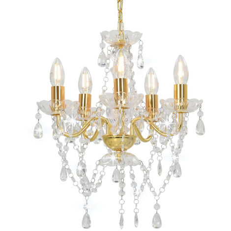 Lampadario con Perline di Cristallo Dorato Tondo 5 E14