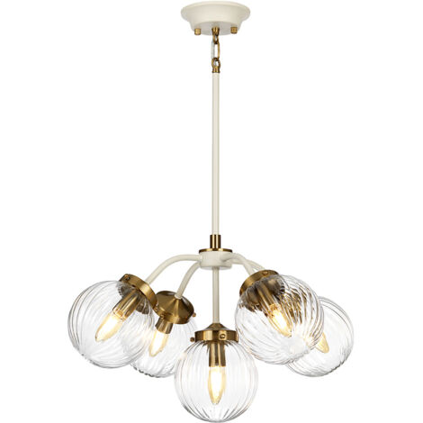 Lampadario Contemporaneo Cosmos Acciaio Crema Vetro Ottone 5 Luci E14