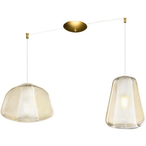 Lampadario Contemporaneo Double Skin Metallo Ottone Vetro Ambra 2 Luci E27