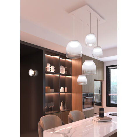 Lampadario Contemporaneo Drum Metallo Bianco Vetro 5 Luci Led 24-32W Calda