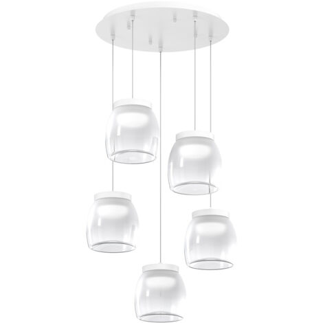Lampadario Contemporaneo Drum Metallo Bianco Vetro 5 Luci Led 40W Calda