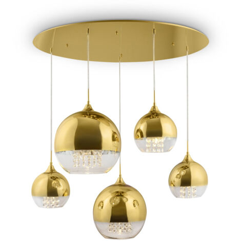 Lampadario Contemporaneo Fermi Metallo Oro 5 Luci Diffusori Vetro E Metallo