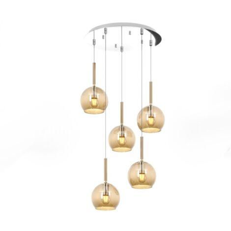 Lampadario Contemporaneo Future Metallo Cromo Vetro Ambra 5 Luci E27