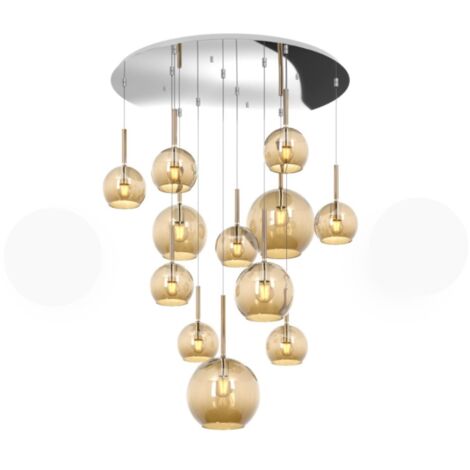 Lampadario Contemporaneo Future Metallo Cromo Vetro Mix Ambra 12 Luci E27