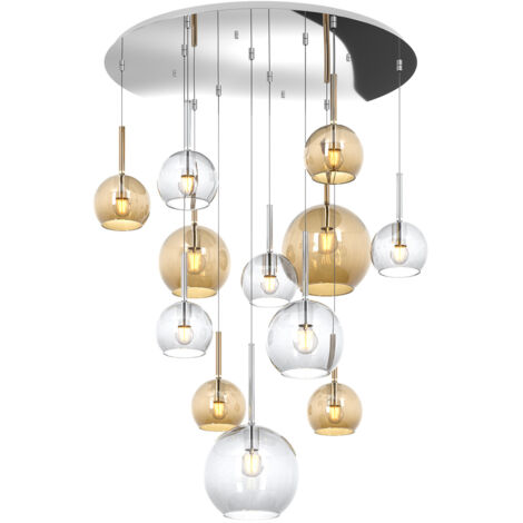 Lampadario Contemporaneo Future Metallo Cromo Vetro Mix Trasp-Ambra 12 Luci E27