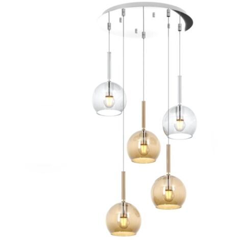 Lampadario Contemporaneo Future Metallo Cromo Vetro Trasp-Ambra 5 Luci E27