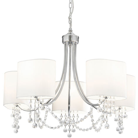 Lampadario Contemporaneo Nina Acciaio Cromo Tessuto Bianco 5 Luci E14