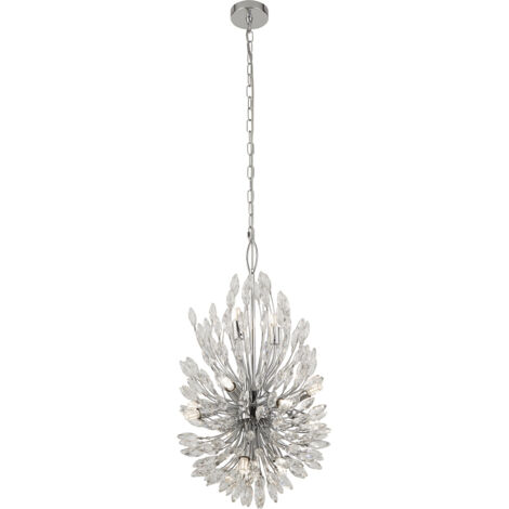 Lampadario Contemporaneo Pavone Acciaio Cromo Vetro Trasparente 14 Luci G9