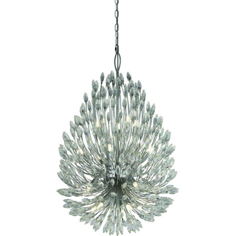 Lampadario Contemporaneo Pavone Acciaio Cromo Vetro Trasparente 20 Luci G9