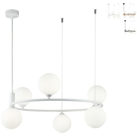 Lampadario Contemporaneo Ring Metallo Bianco 6 Luci E Diffusori Bianchi