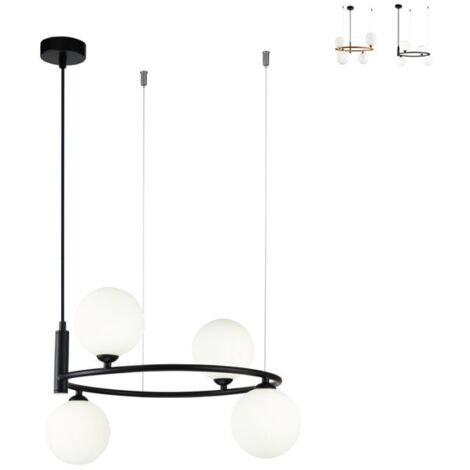 Lampadario Contemporaneo Ring Metallo Nero 4 Luci E Diffusori Bianchi