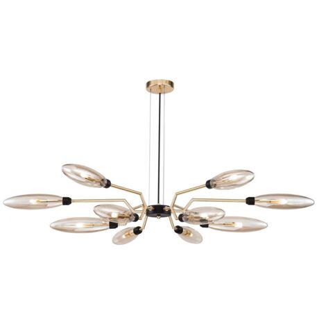 Lampadario Contemporaneo Ventura Metallo Oro 12 Luci Diffusore Vetro Ambra