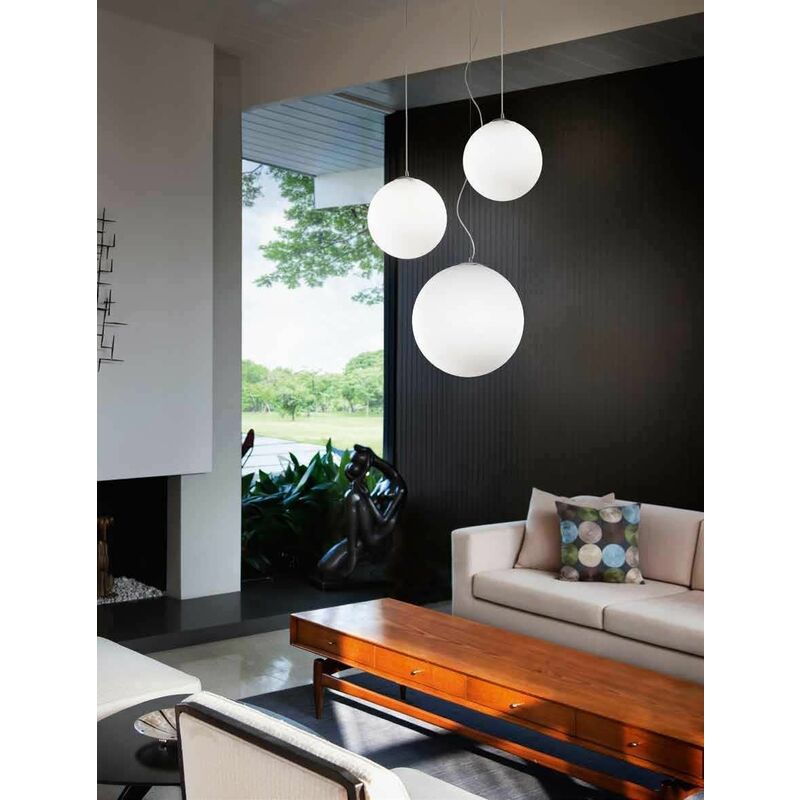 Image of Perenzilluminazione - Lampadario coordinato con 3 lampade a sospensione in vetro bianco art.634644 Illuminazione moderna ideale per salone cucina