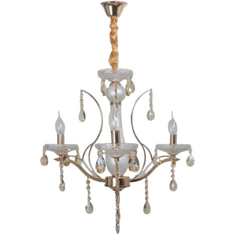 Lampadario da soffitto a 3 bracci a sospensione bianco perlato e oro con cristalli pendenti retrò classico attacco e14
