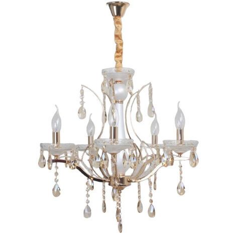 Lampadario da soffitto a 5 bracci a sospensione bianco perlato e oro con cristalli pendenti retrò classico attacco e14