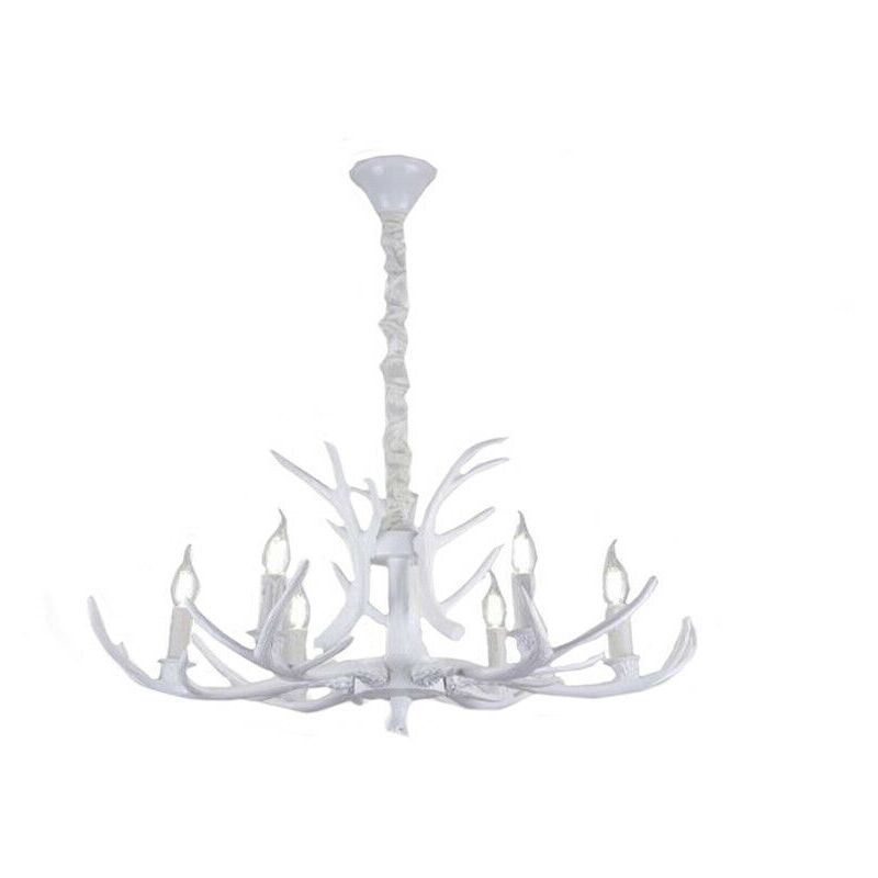 Image of Lampadario a sospensione corna di cervo in resina 6 luci attacco piccolo E14 pendente design rustico country Bianco
