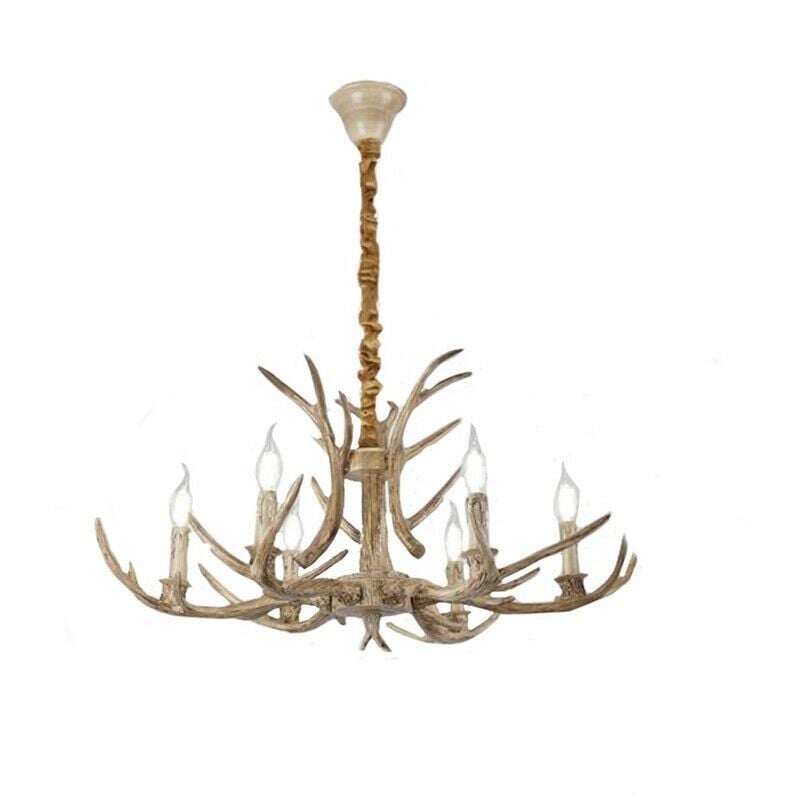 Image of Lampadario a sospensione corna di cervo in resina 6 luci attacco piccolo E14 pendente design rustico country Abete