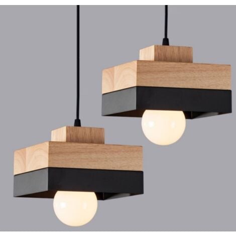 WOTTES Lampadario da Sospensione Moderno Lampada da Sospensione Metallo Legno Lustro Soffitto Regolabile Nero 2 Pezzi