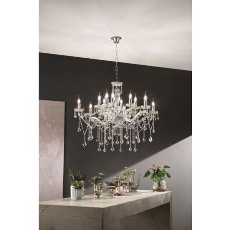 LAMPADARIO DAMASCO 12 LUCI CRISTALLO  E CROMO ATTACCO E14 D.90CM