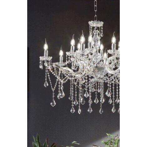 LAMPADARIO DAMASCO 6 LUCI CRISTALLO  E CROMO ATTACCO E14 D.75CM